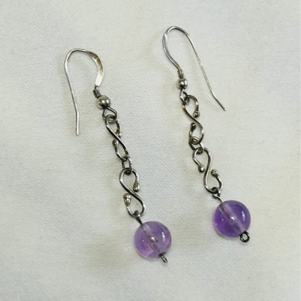 **SOLD** 925 sterling silver earrings purple amethyst ball bead drop/dangle